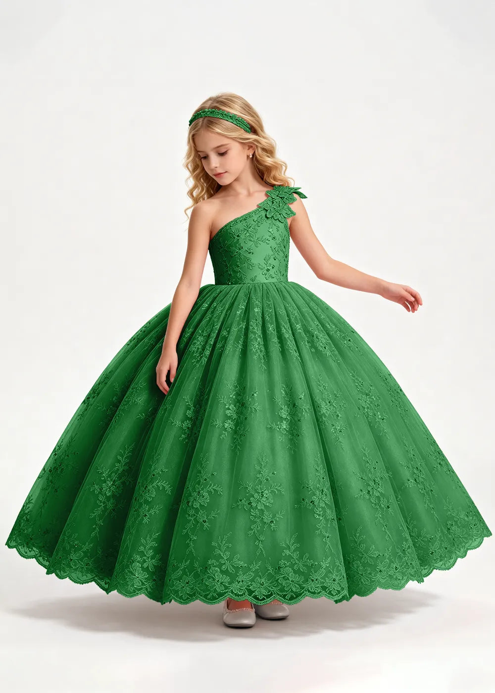 Navy One-Shoulder Flower Girl Gown with Scalloped Lace