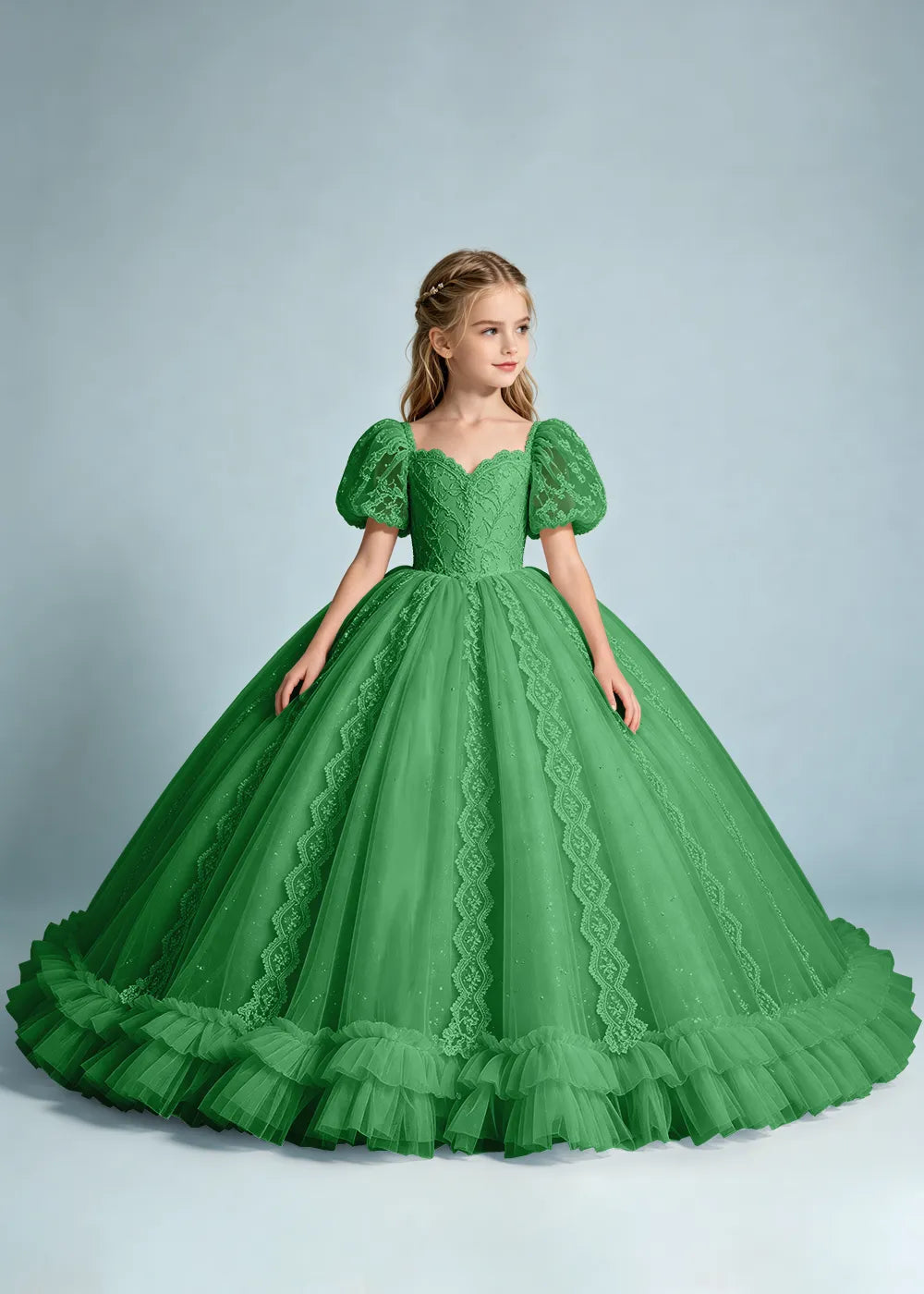 Navy Flower Girl Gown with Lace Puff Sleeves and Ruffled Hem