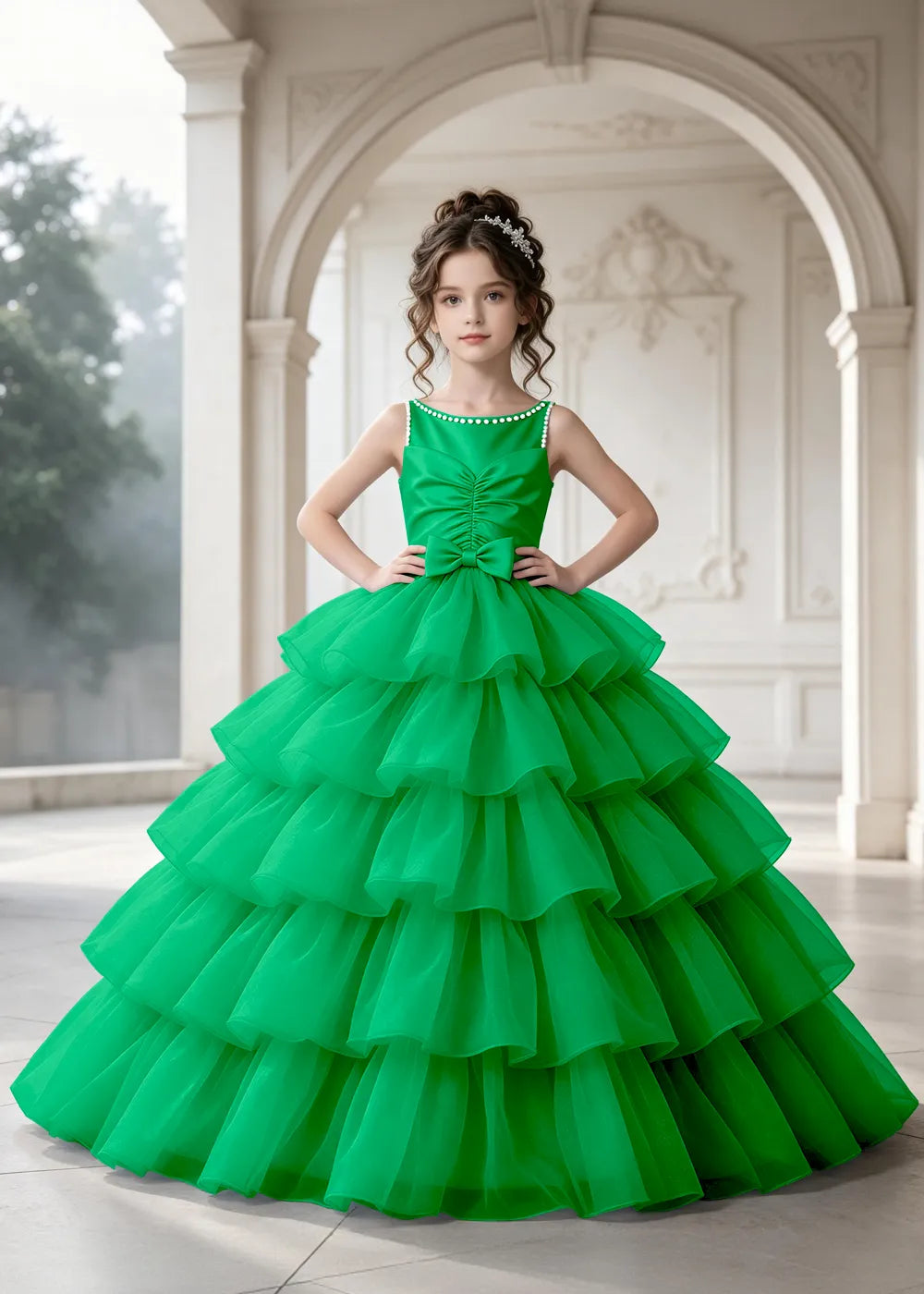 Flower girl dress in Green, front view.