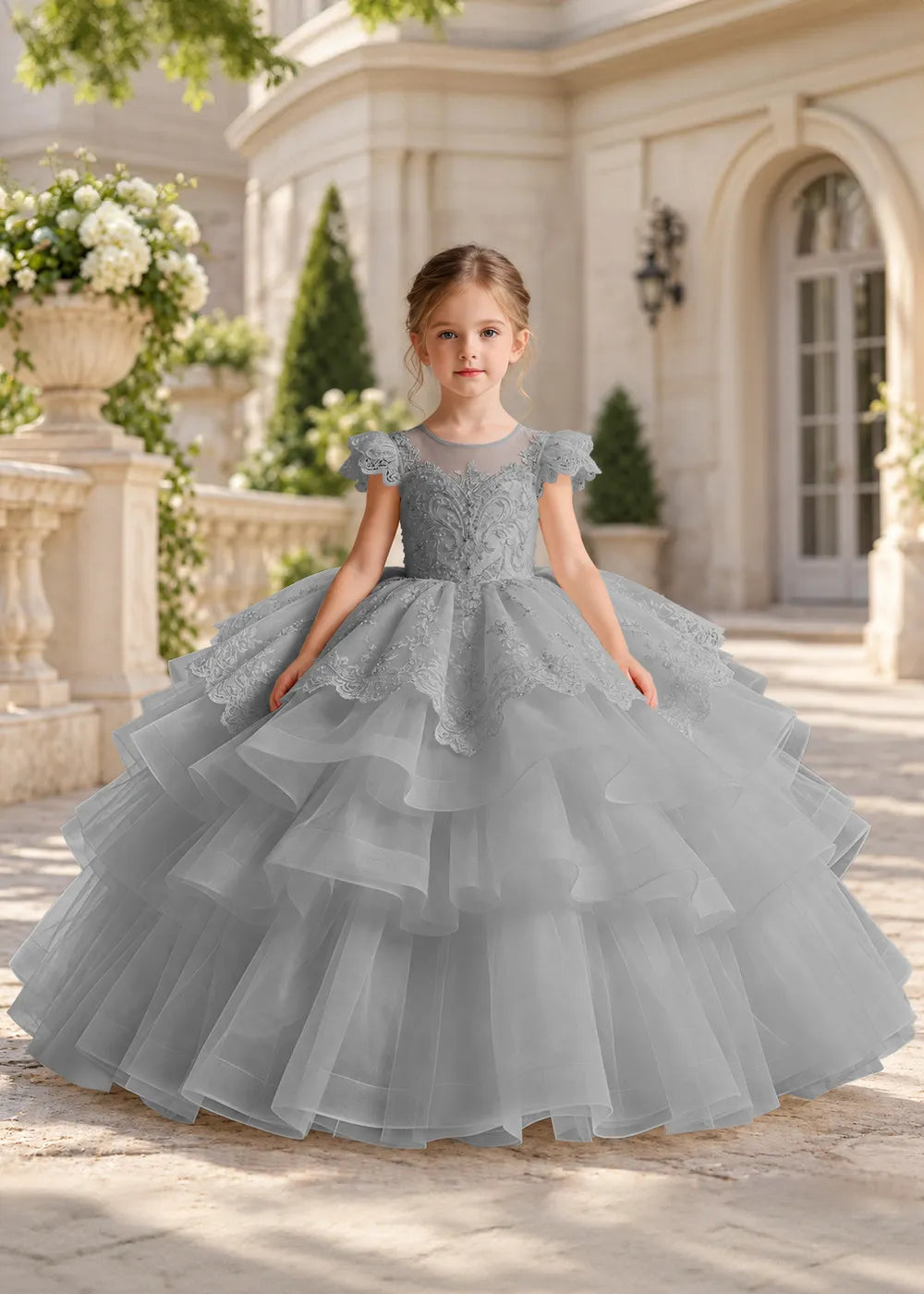Dusty Blue Lace-Cap Flower Girl Dress with Cascading Skirt