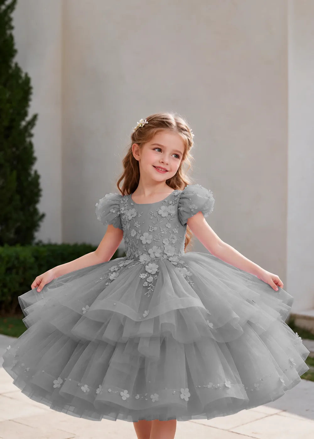 Lilac Puff-Sleeve Flower Girl Dress with Three-Tier Skirt