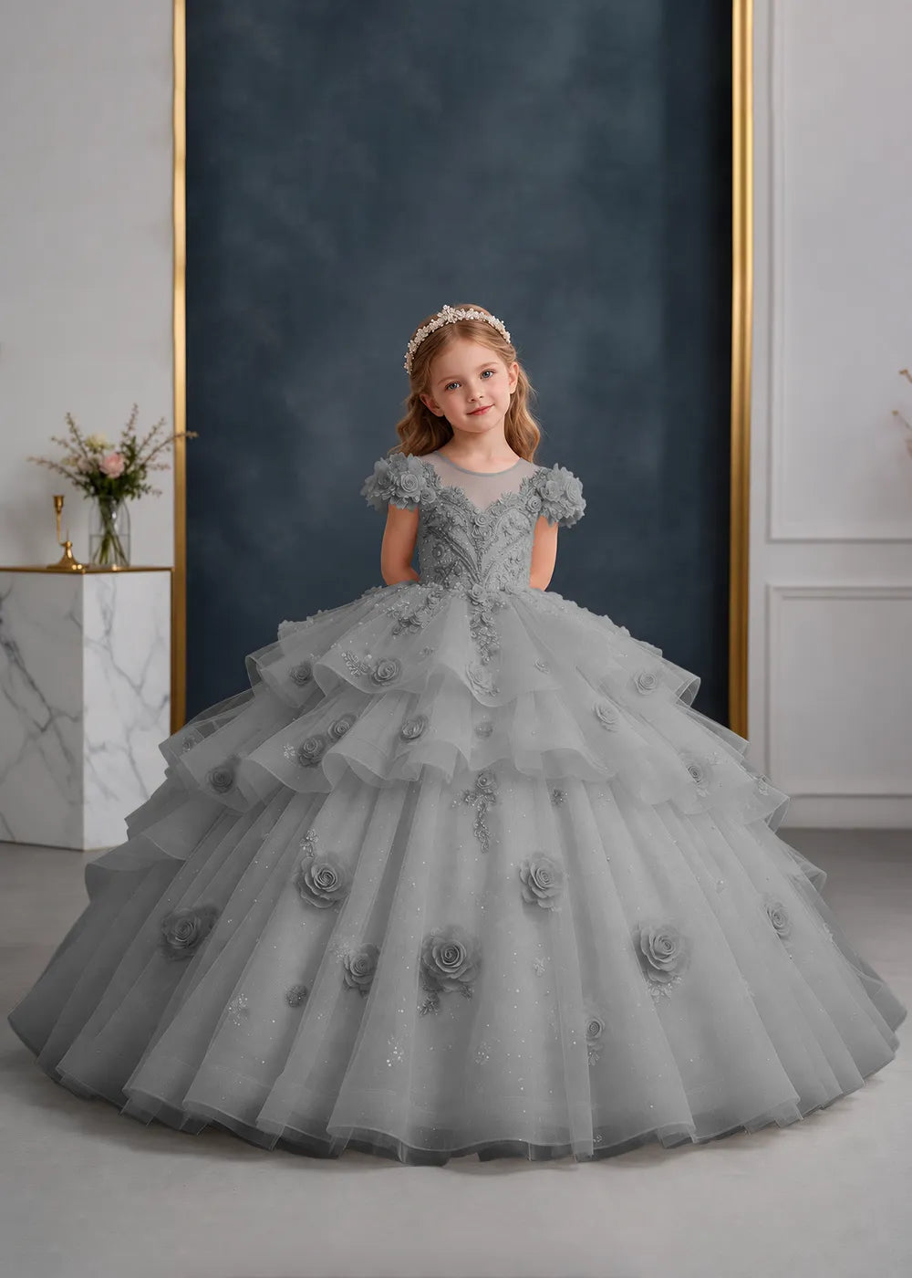 Navy Blue Flower Girl Gown with Floral Cap Sleeves and Rose Ruffles
