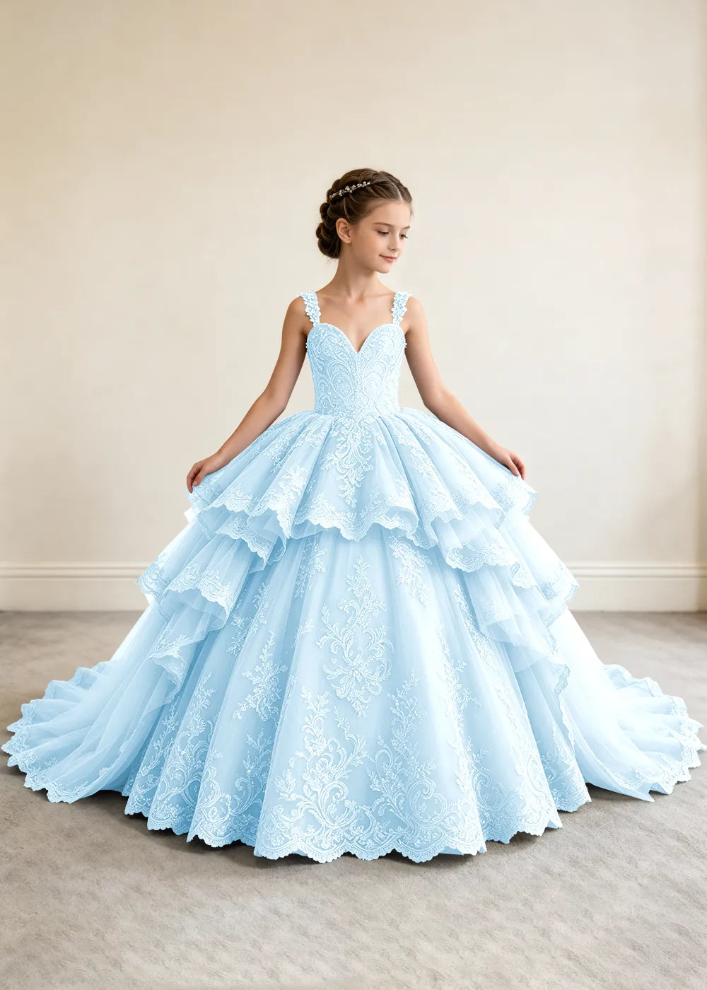 V-Neck Tiered Lace Flower Girl Ball Gown Dress