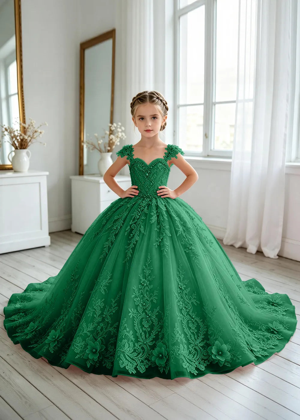 Floral V-Neck Lace Flower Girl Ball Gown Dress