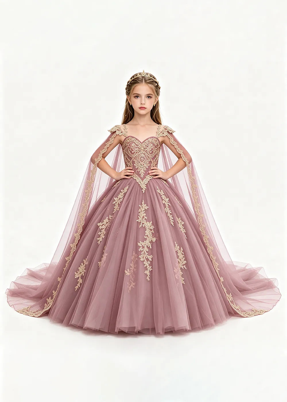 Gold Appliqué Cape Flower Girl Ball Gown Dress