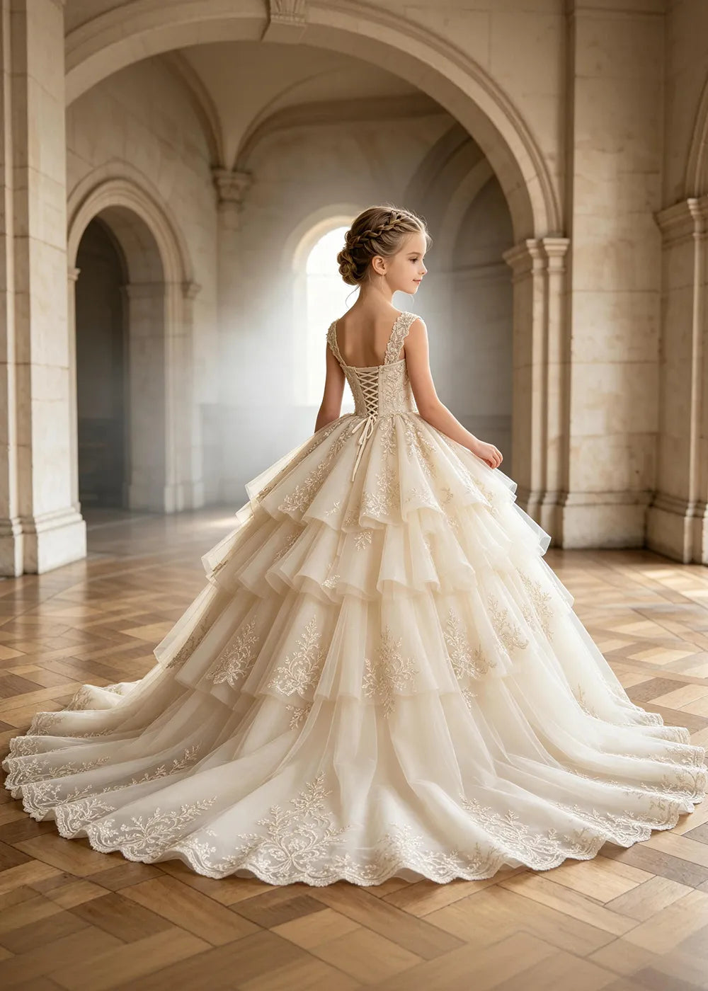 Tiered Lace Sleeveless Flower Girl Ball Gown Dress