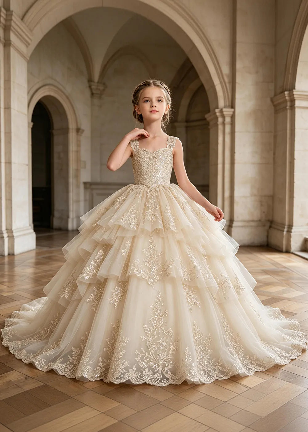 Tiered Lace Sleeveless Flower Girl Ball Gown Dress