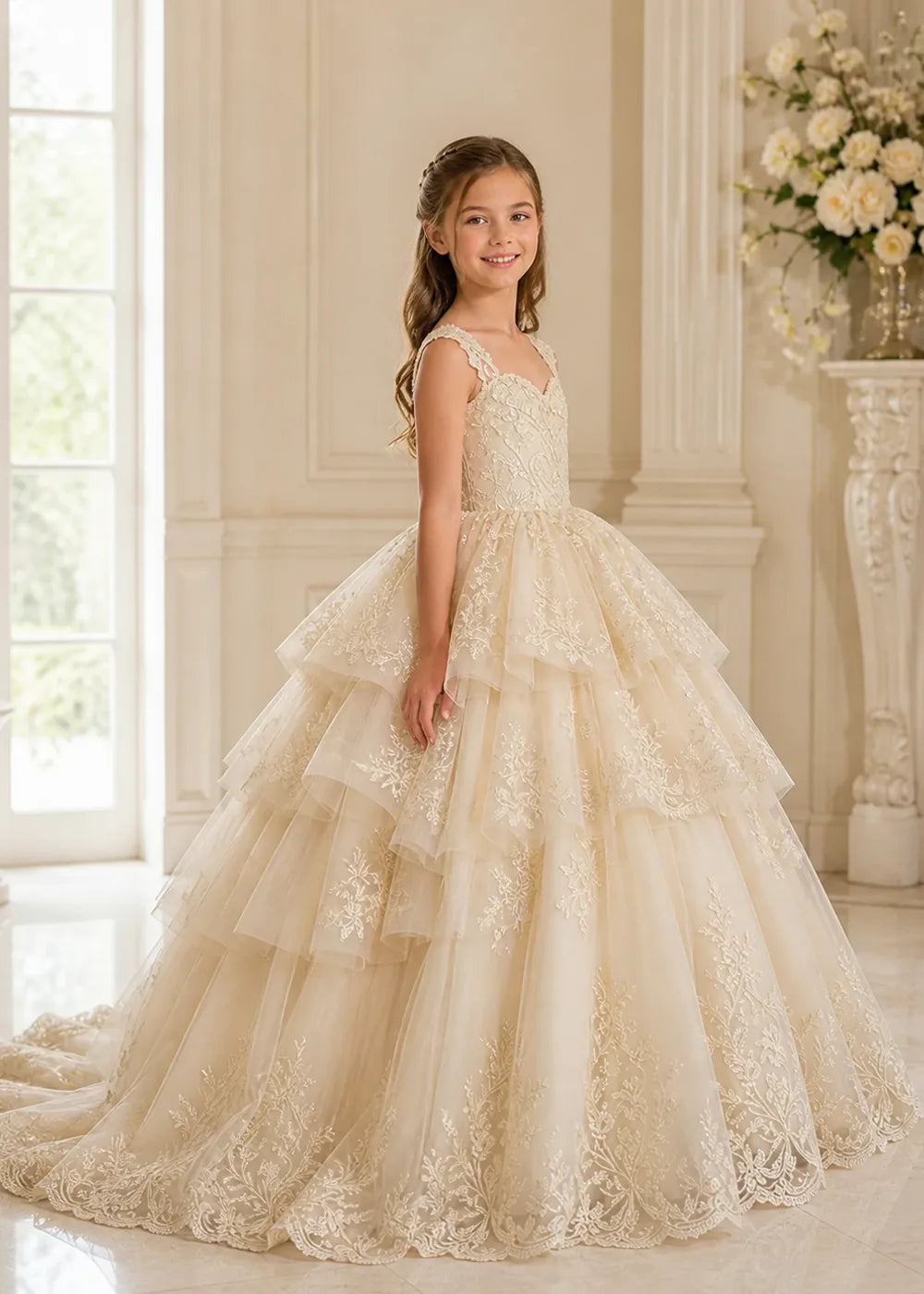 Tiered Lace Sleeveless Flower Girl Ball Gown Dress