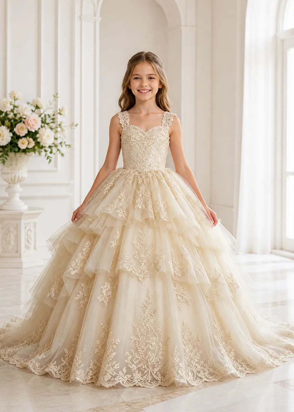 Tiered Lace Sleeveless Flower Girl Ball Gown Dress