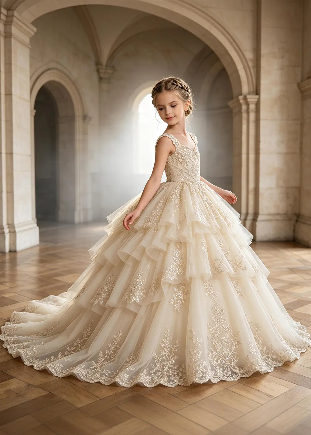 Tiered Lace Sleeveless Flower Girl Ball Gown Dress