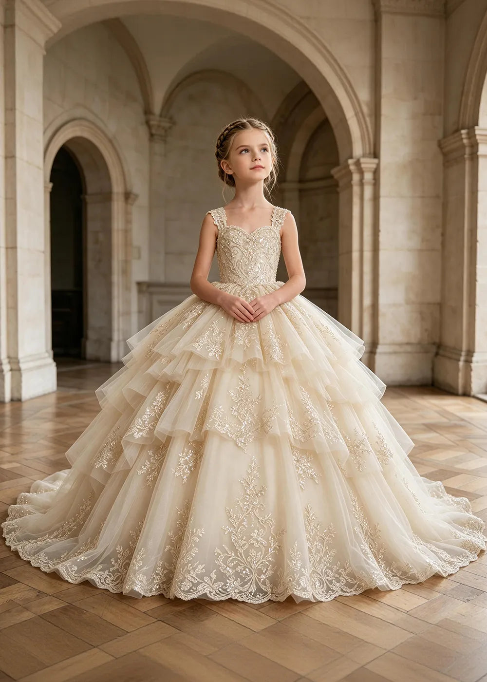 Tiered Lace Sleeveless Flower Girl Ball Gown Dress