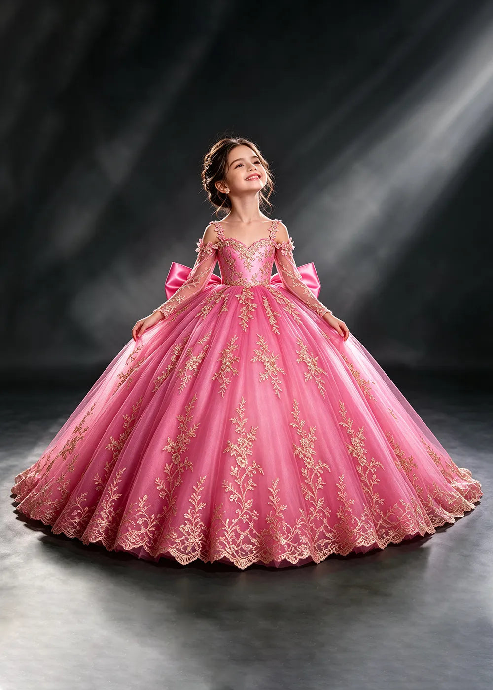Navy Blue Gold Lace Flower Girl Gown with Floral Straps and Train