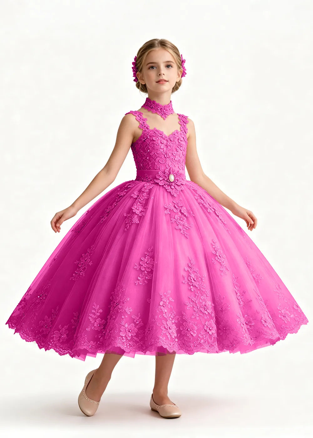 Navy Tea-Length Flower Girl Gown with Floral Neck Band