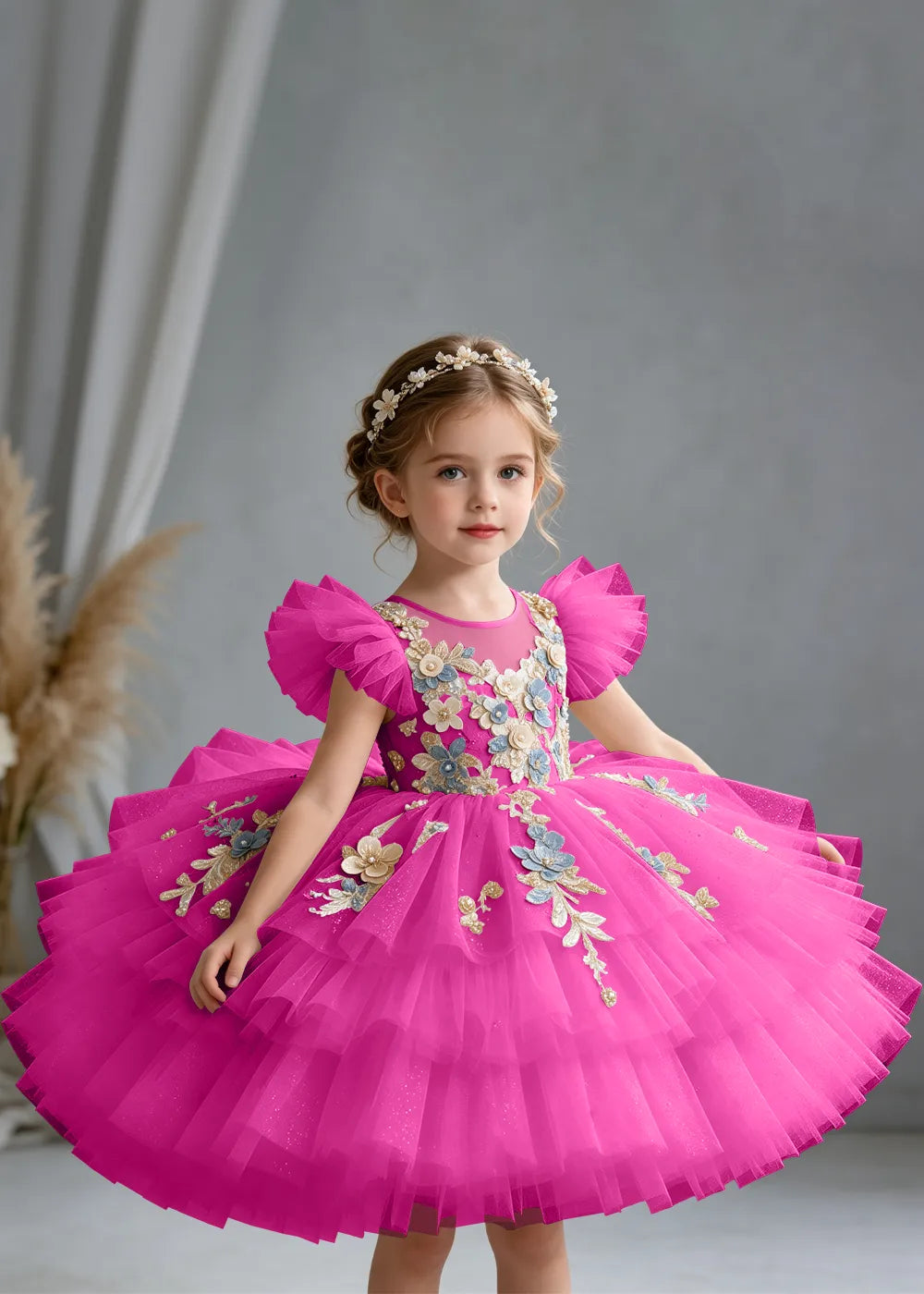 Flower girl dress in Hot Pink, front view.