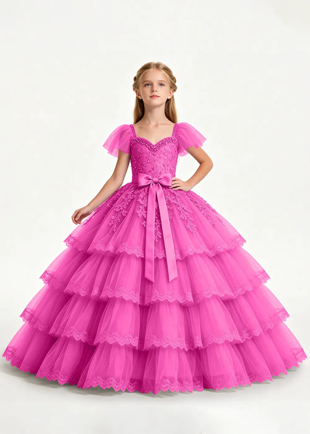 Navy Four-Tier Flower Girl Gown with Front Bow