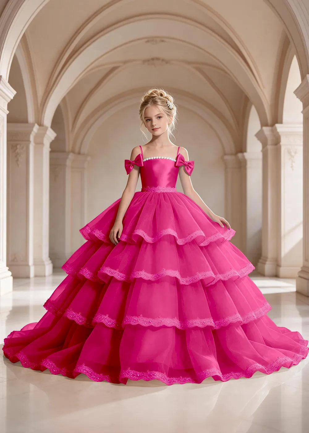 Navy Blue Four-Tier Bow-Shoulder Flower Girl Dress