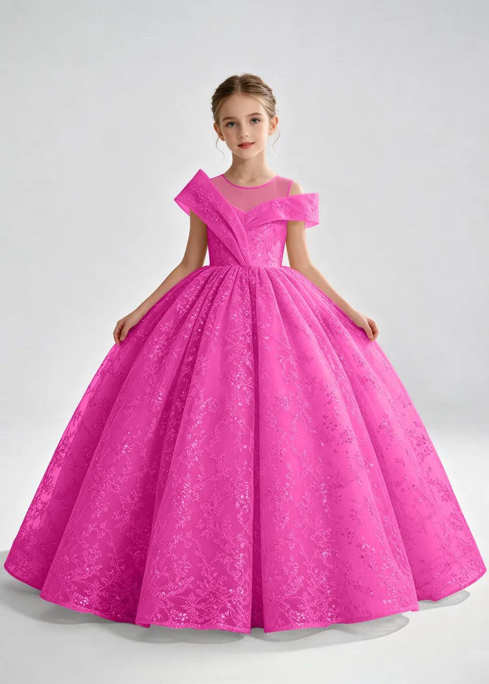 Navy Blue Illusion-Band Floral Flower Girl Dress