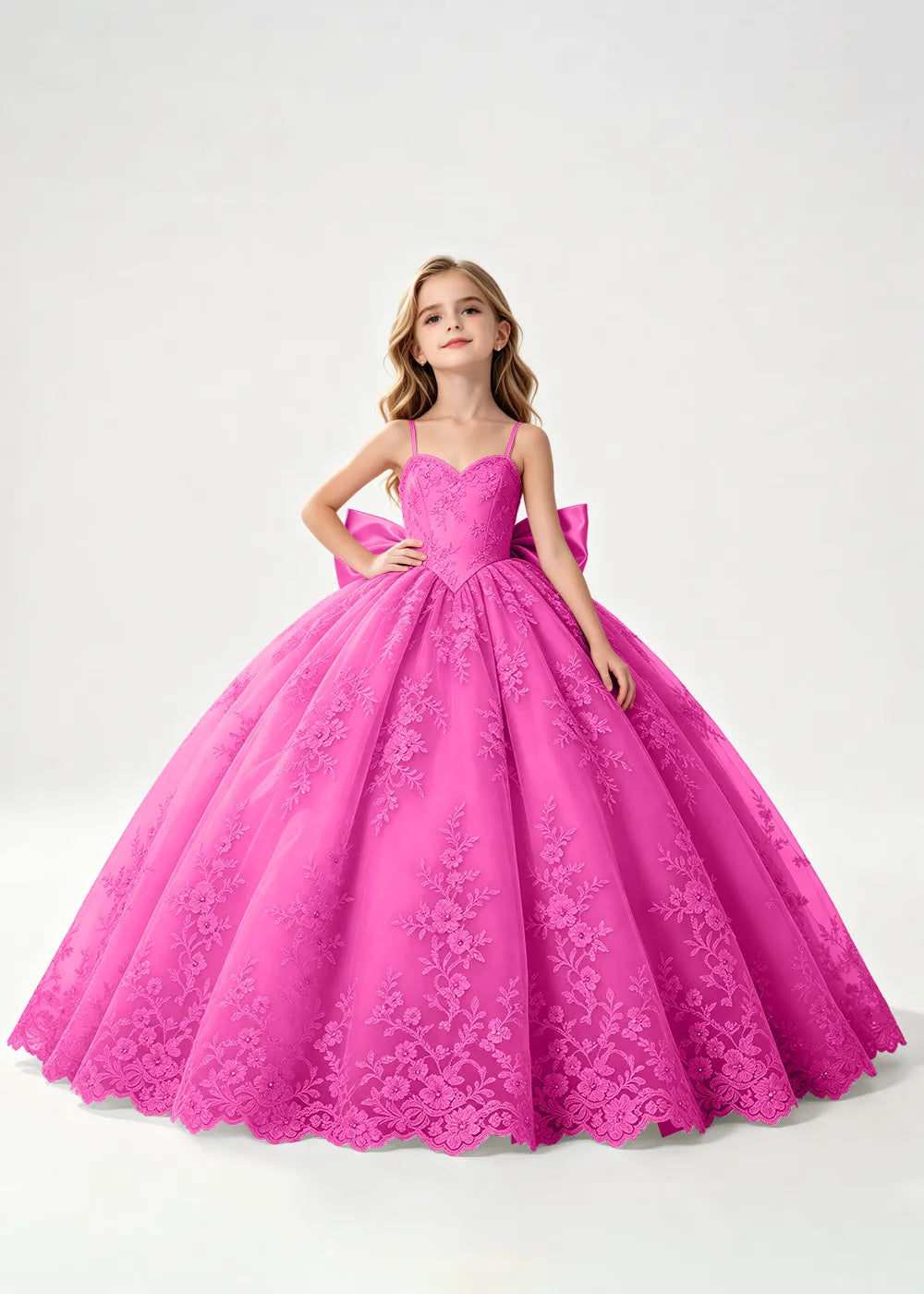 Flower girl dress in Hot Pink, front view.