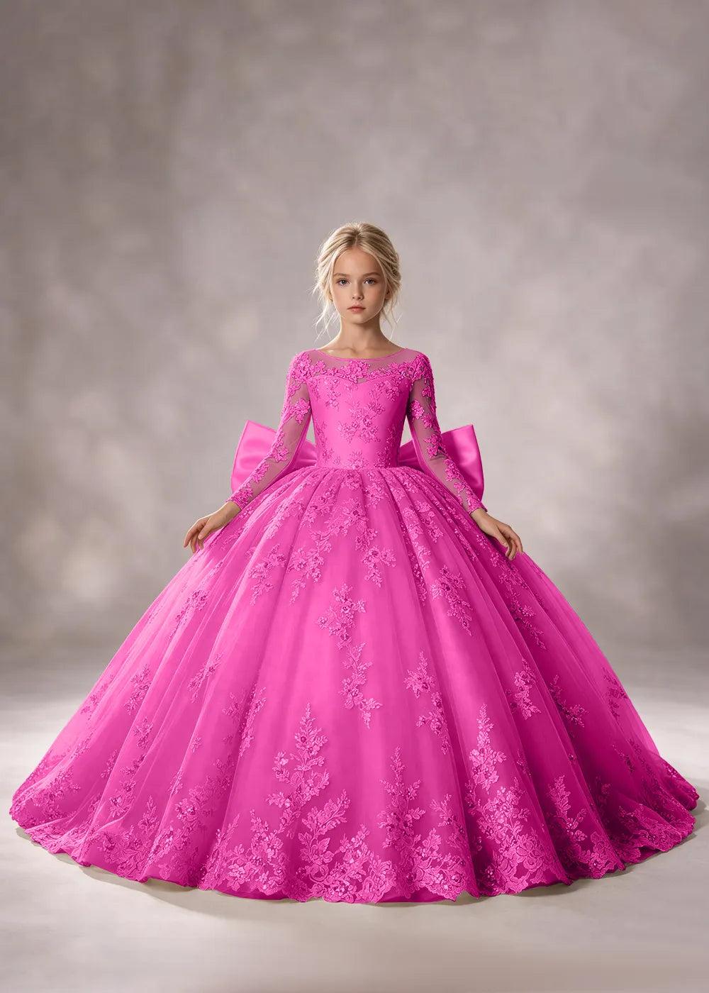 Flower girl dress in Hot Pink, front view.