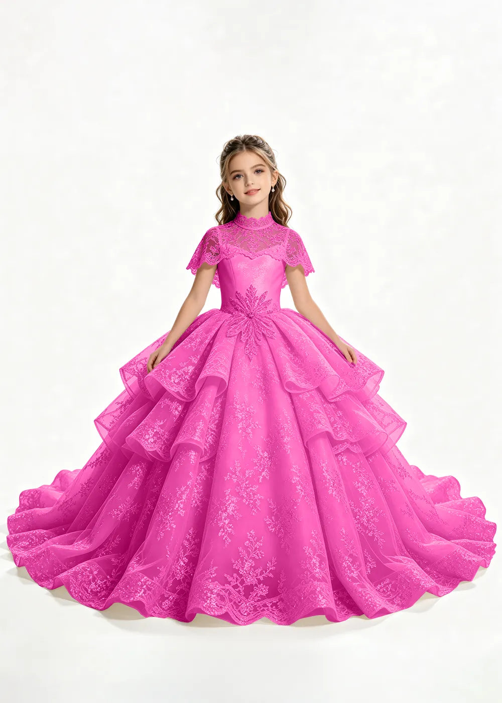 Flower girl dress in Hot Pink, front view.