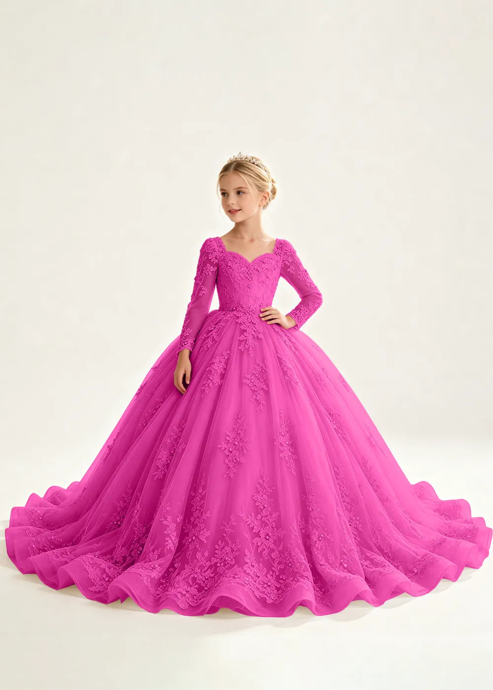 Navy Floral Flower Girl Gown with Long Sleeves