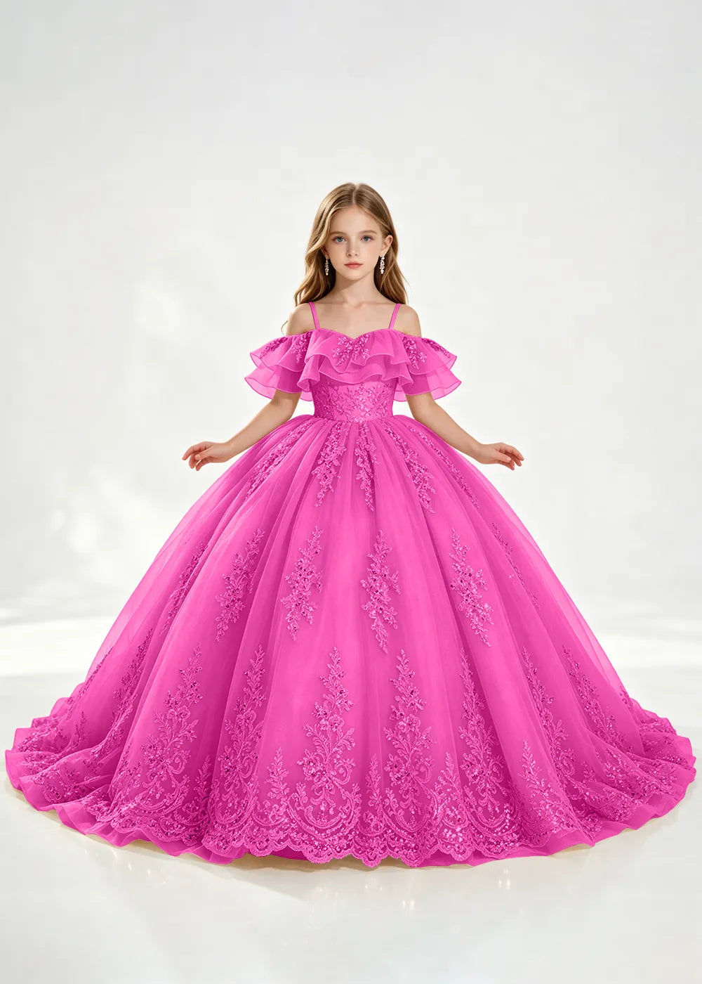 Slate Blue Off-Shoulder Lace-Hem Flower Girl Dress