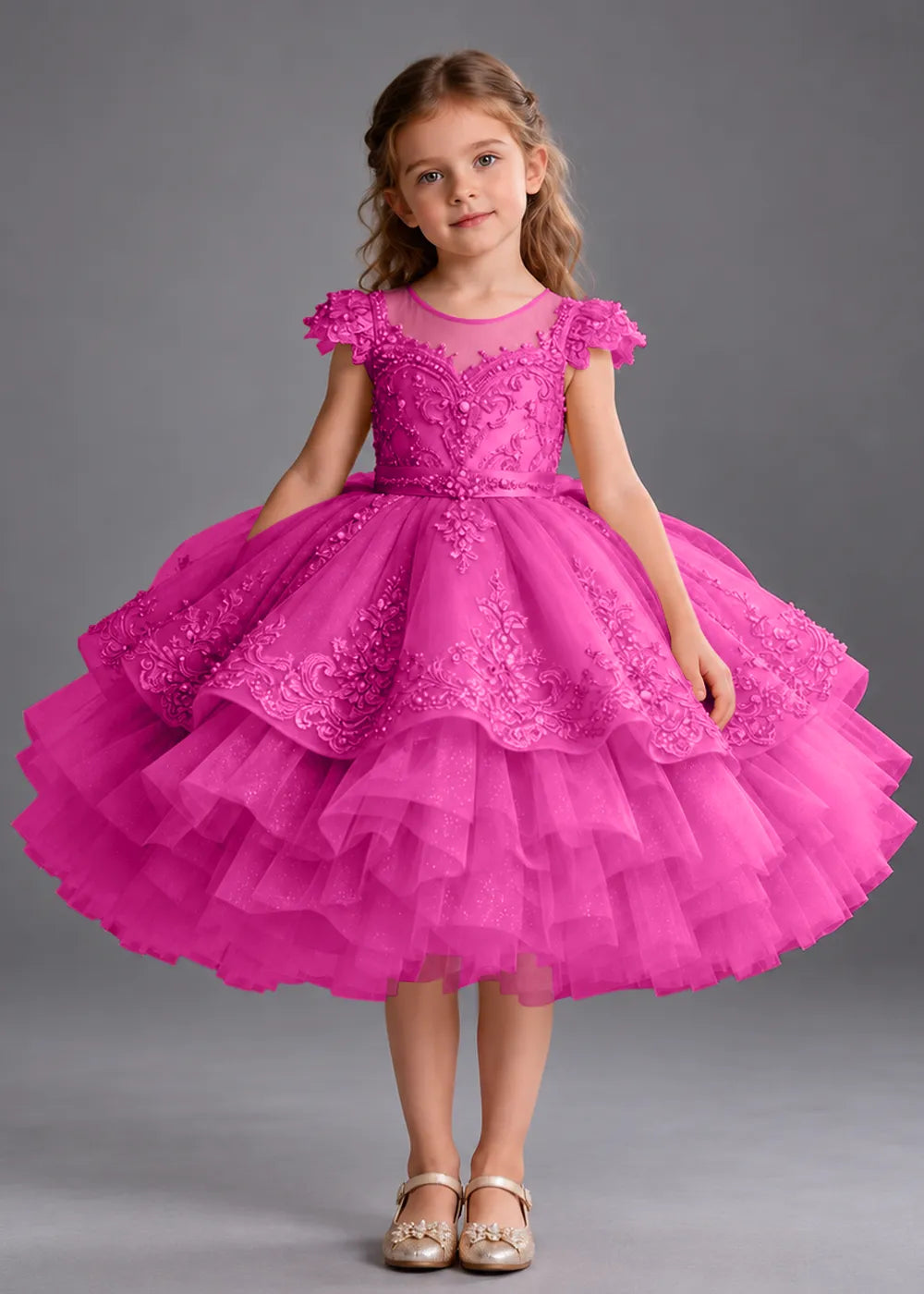 Navy Blue Flower Girl Dress with Beaded Lace and Short Ruffle Skirt