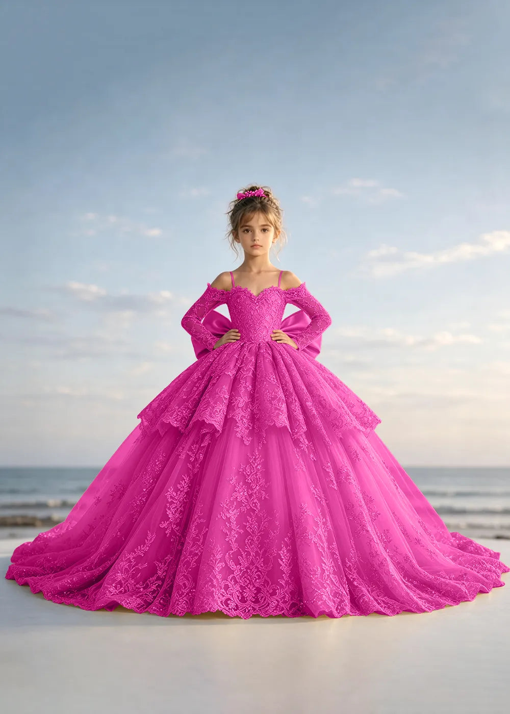 Navy Blue Lace Flower Girl Gown with Peplum and Trailing Satin Bow