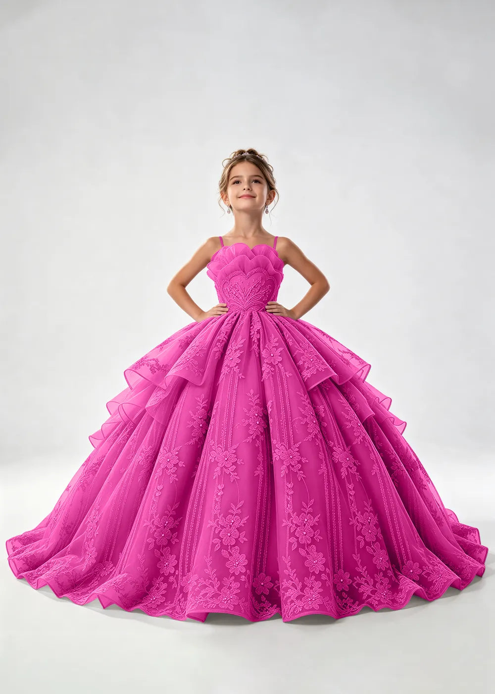 Flower girl dress in Hot Pink, front view.
