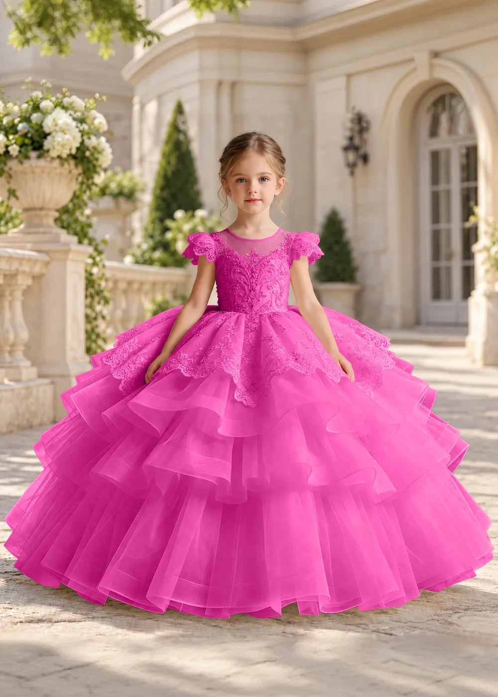 Dusty Blue Lace-Cap Flower Girl Dress with Cascading Skirt
