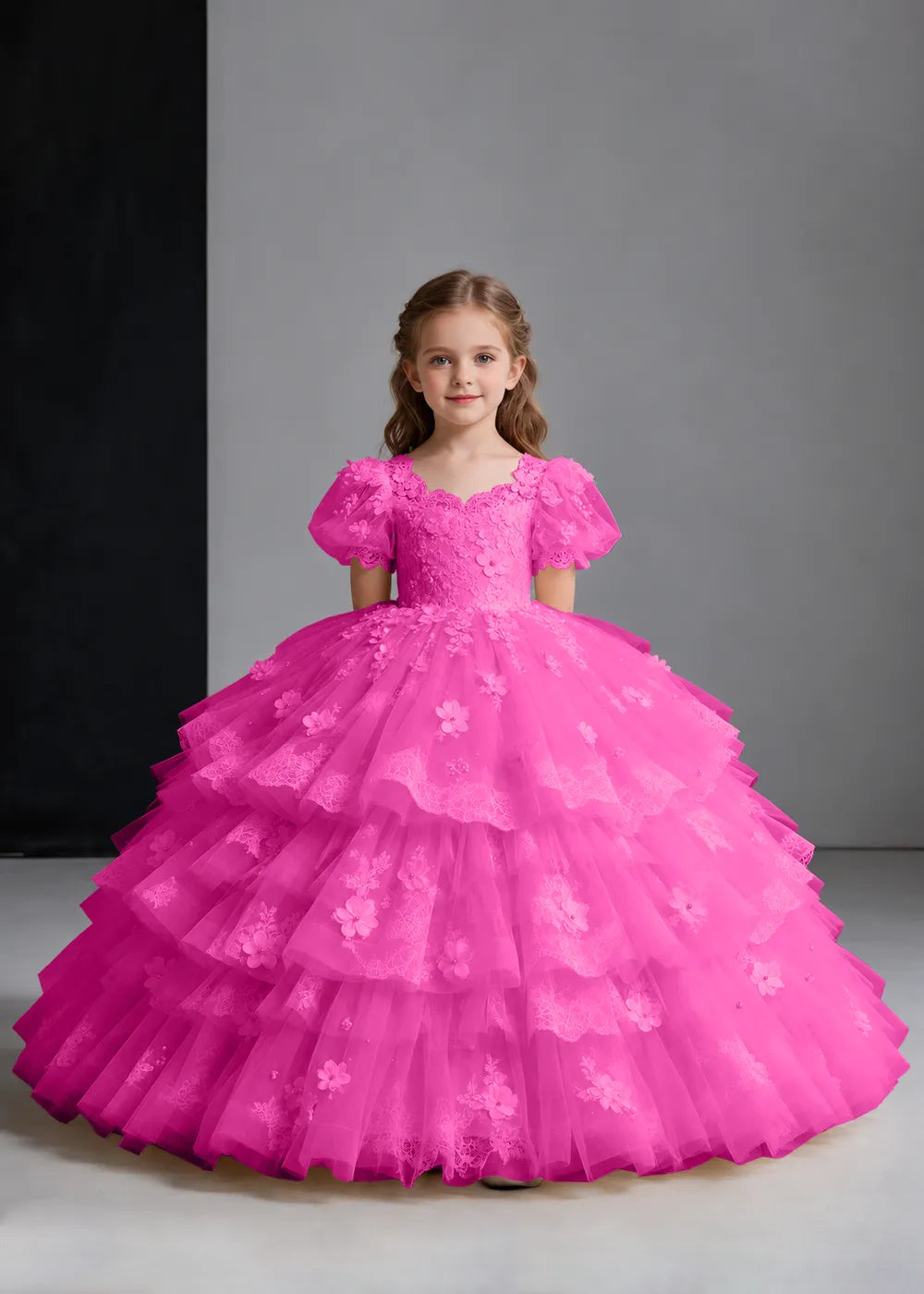 Flower girl dress in Hot Pink, front view.