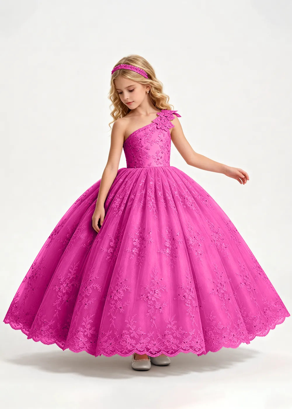 Navy One-Shoulder Flower Girl Gown with Scalloped Lace