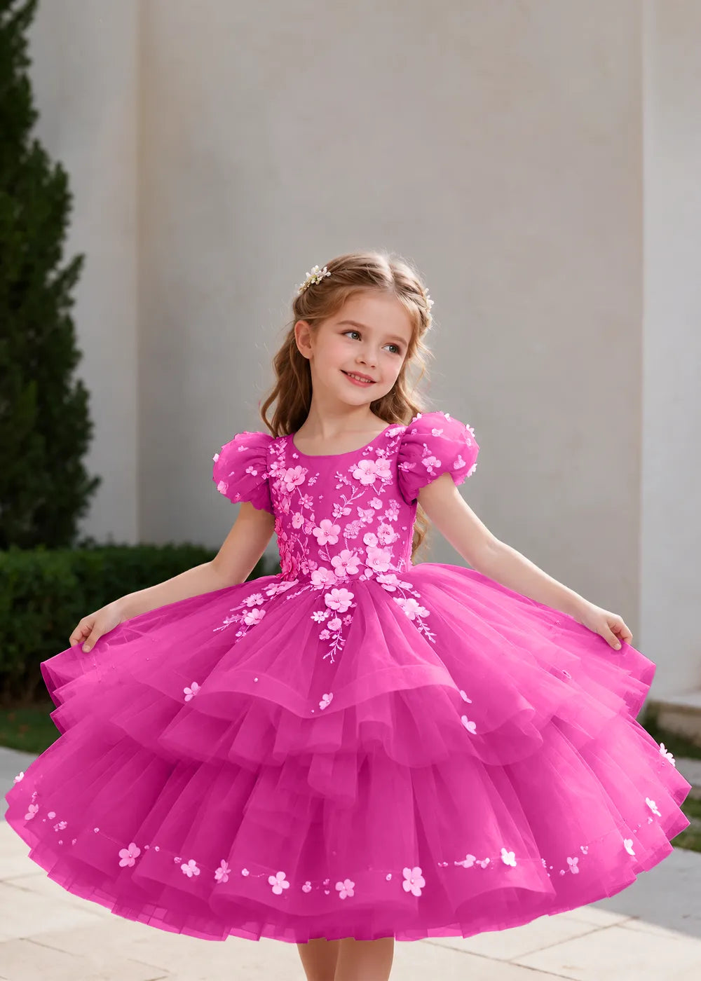 Pink Flower Girl Dress with Floral Trails and Ruffled Hem