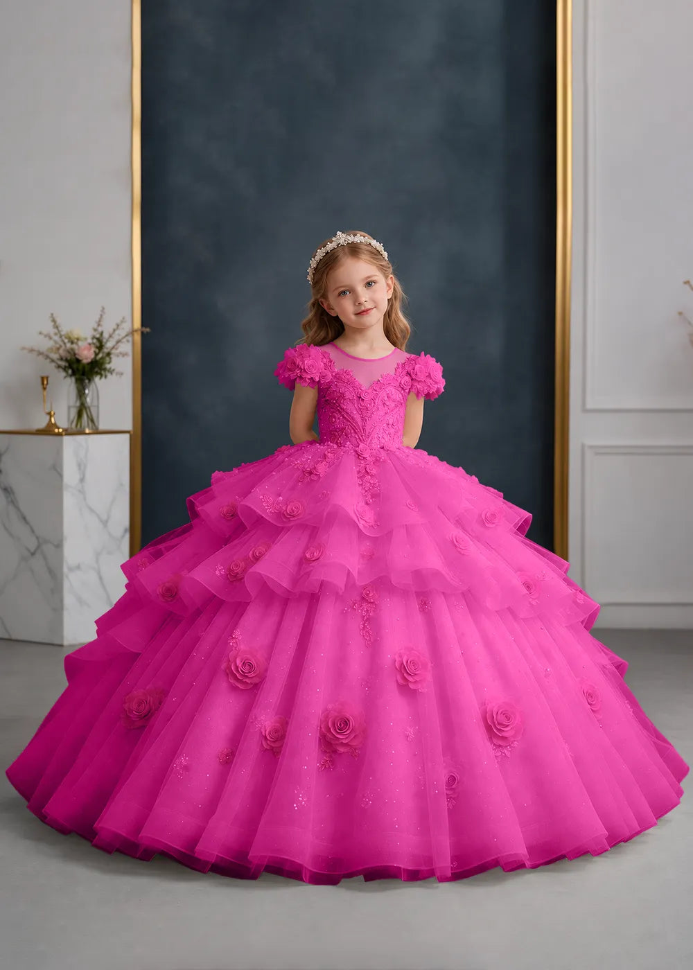 Navy Blue Flower Girl Gown with Floral Cap Sleeves and Rose Ruffles