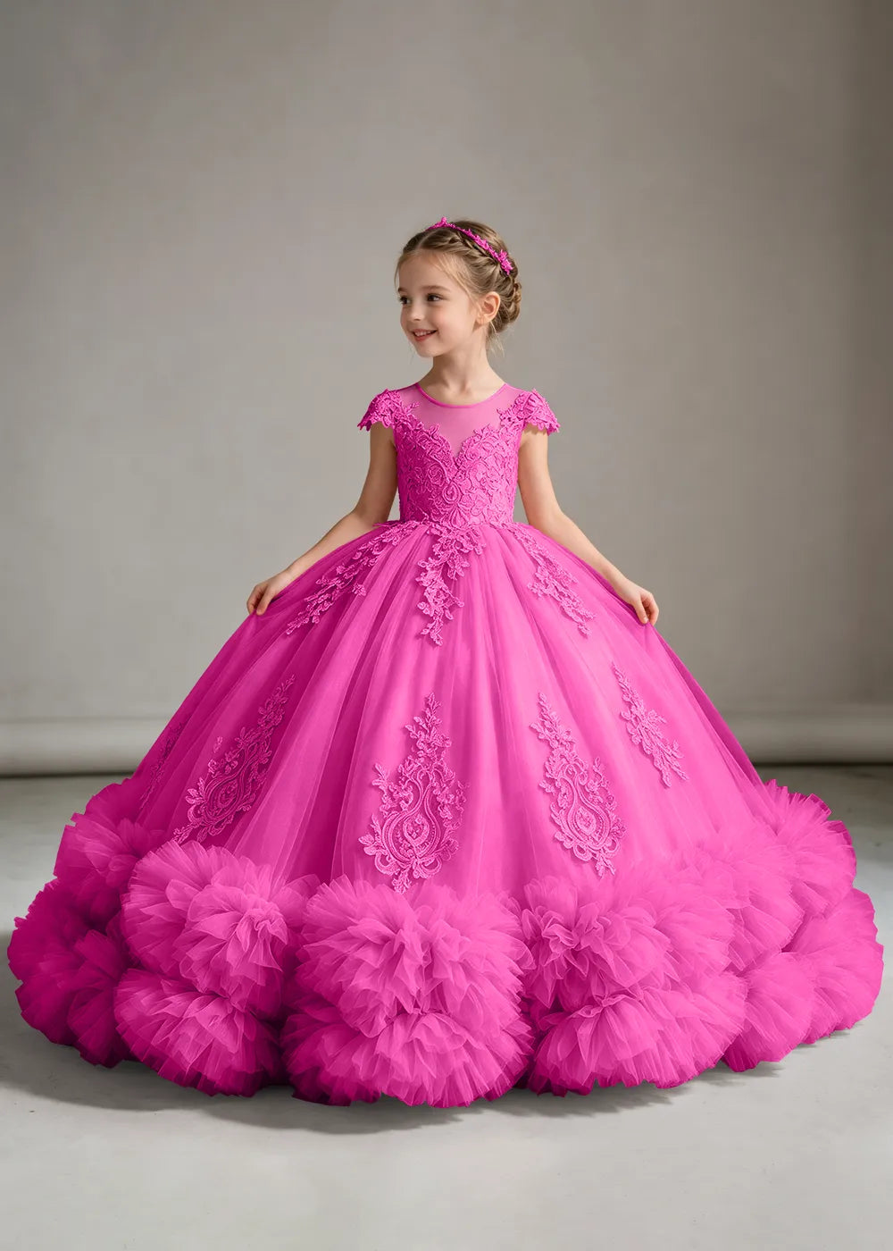 Navy Flower Girl Ball Gown with Floral Bodice and Ruffle Hem