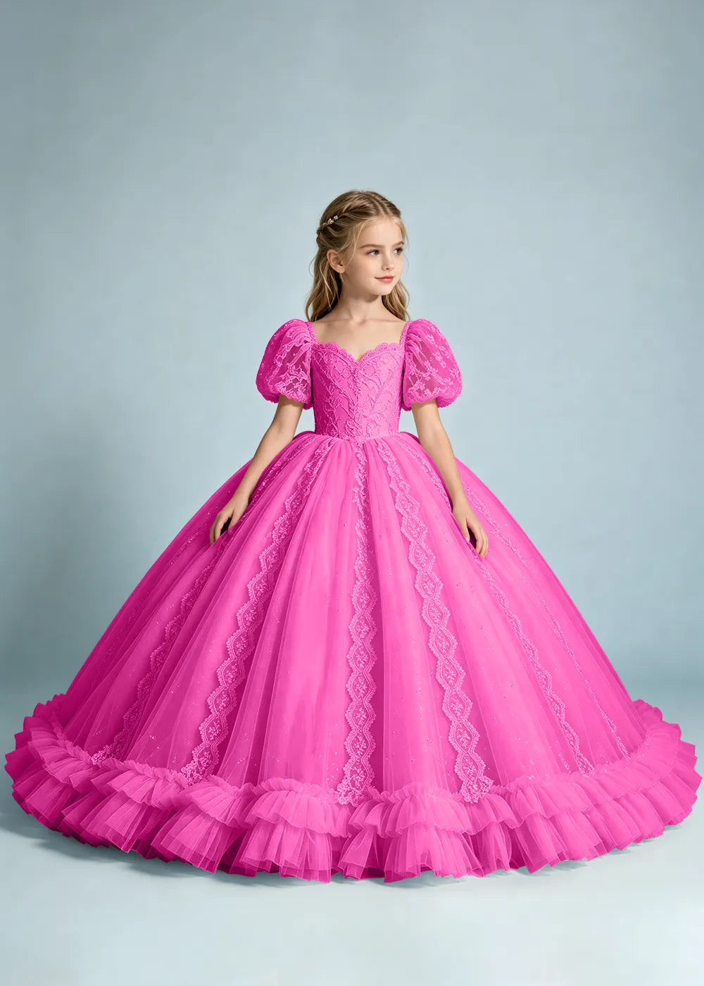 Navy Flower Girl Gown with Lace Puff Sleeves and Ruffled Hem