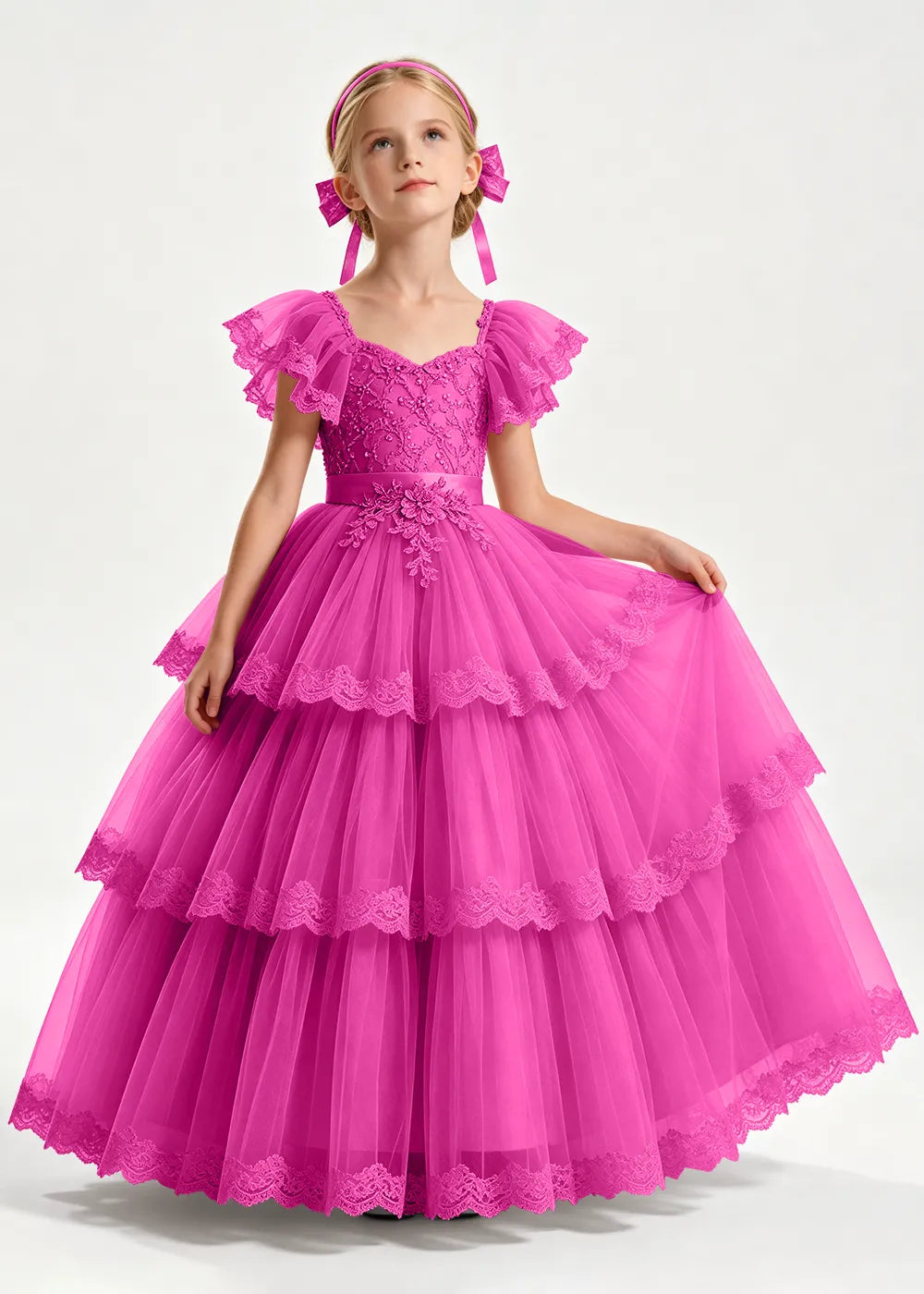 Navy Flower Girl Ball Gown with Three Lace-Edged Tiers