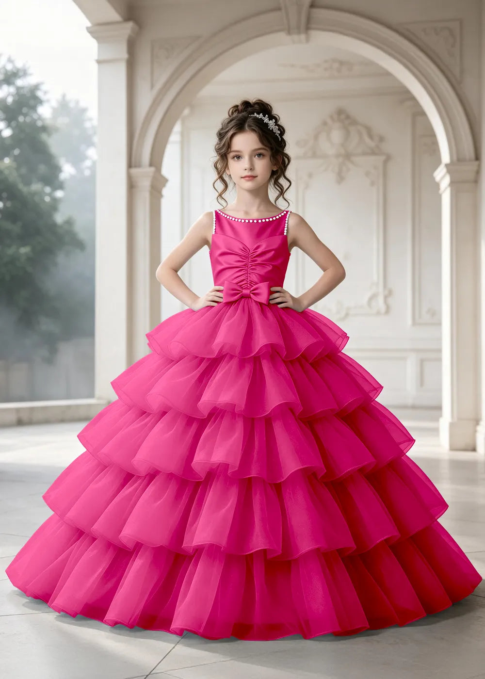 Flower girl dress in Hot Pink, front view.