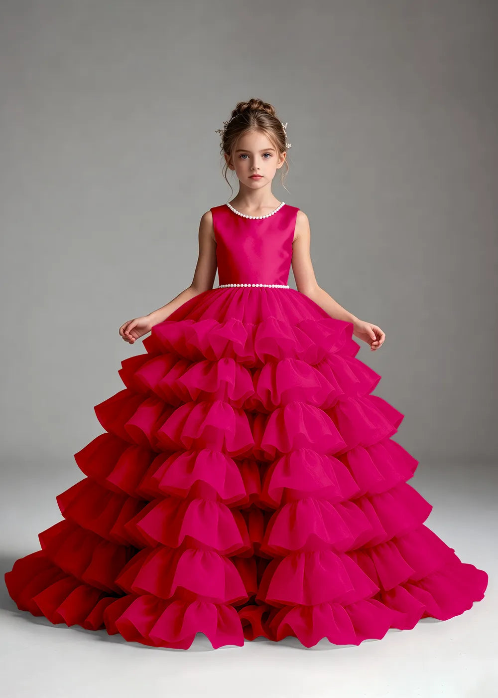 Royal Blue Pearl-Trimmed Tiered Ruffle Flower Girl Dress