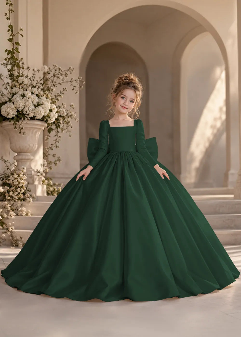 Dusty Blue Long-Sleeve Flower Girl Dress with a Full Skirt and Bow