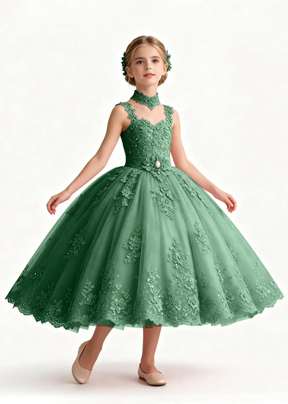 Navy Tea-Length Flower Girl Gown with Floral Neck Band
