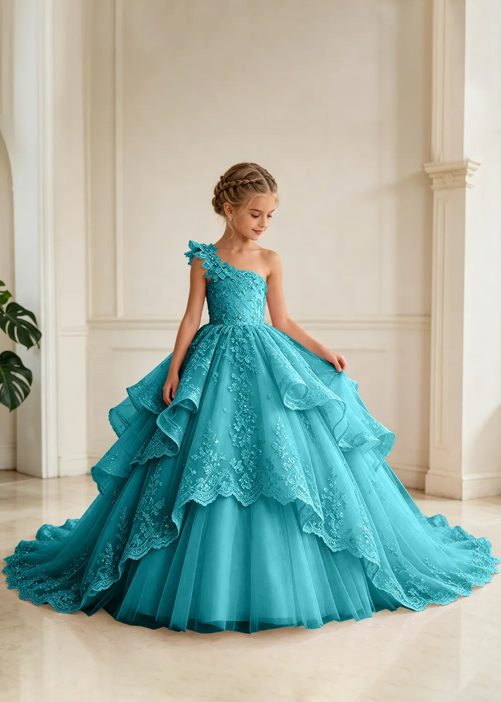 Floral Strap Tiered Lace Flower Girl Ball Gown Dress