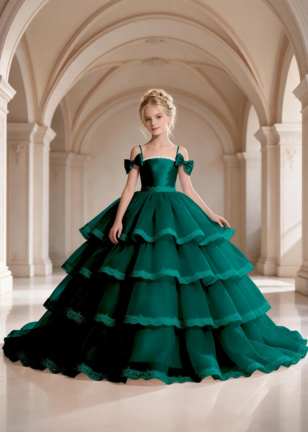 Navy Blue Four-Tier Bow-Shoulder Flower Girl Dress