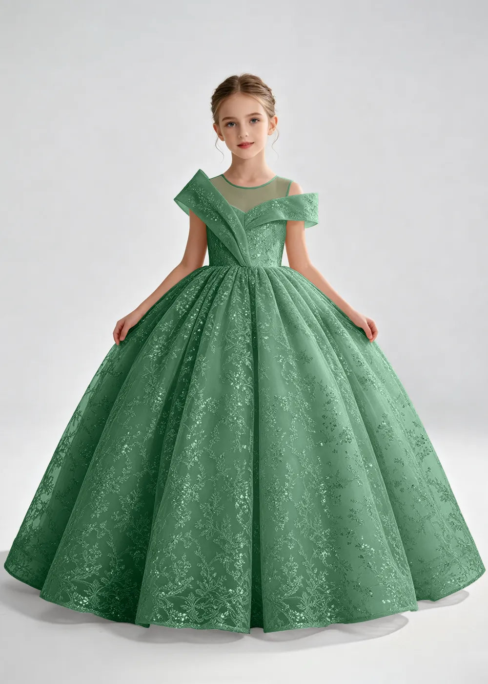 Navy Blue Illusion-Band Floral Flower Girl Dress