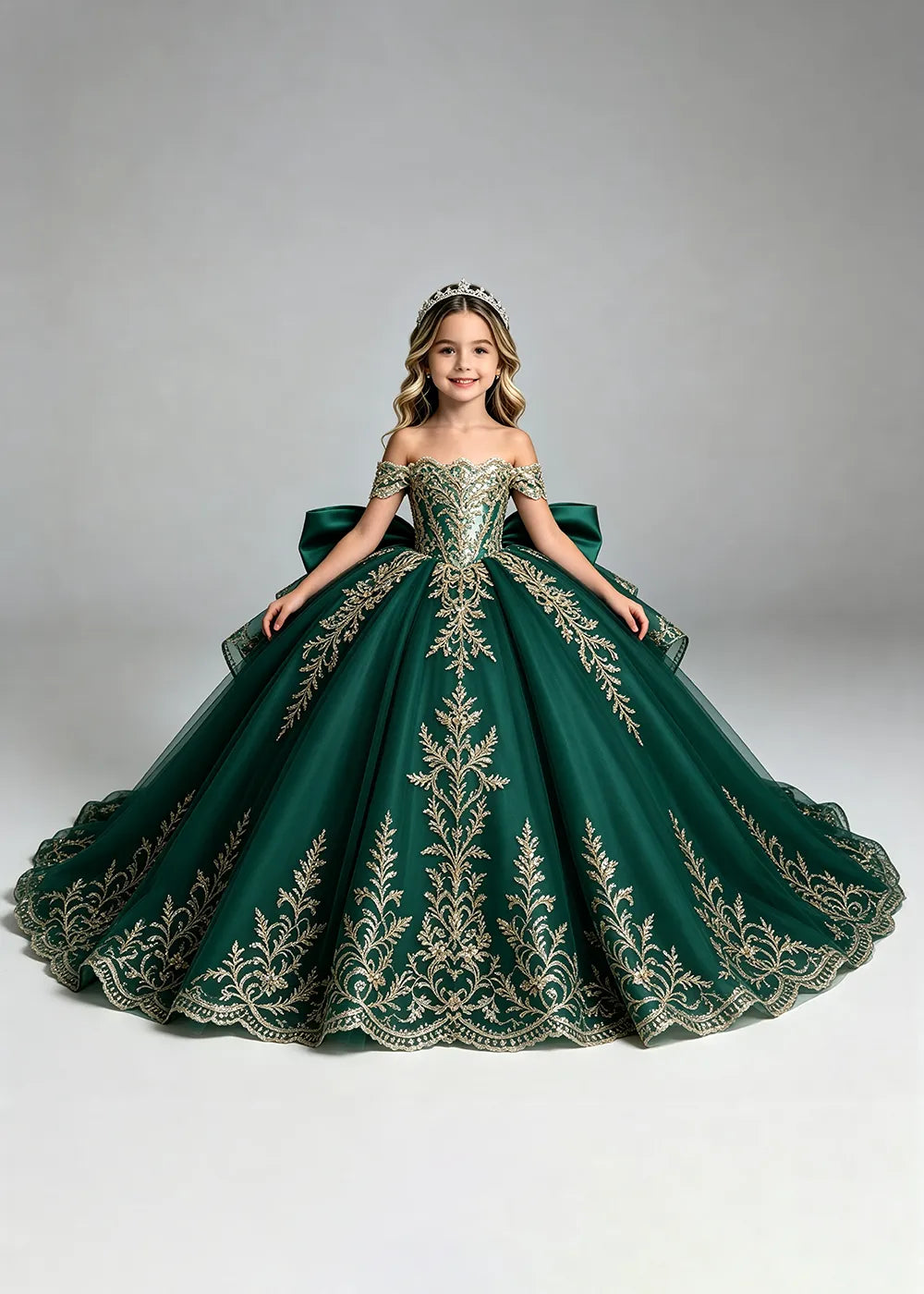 Off-Shoulder Lace Flower Girl Dress with Bow and Scalloped Hem