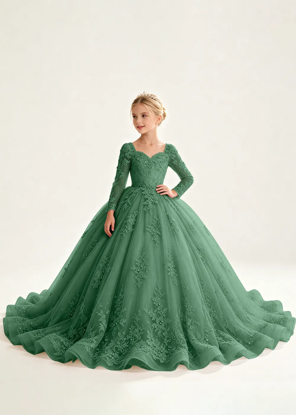 Navy Floral Flower Girl Gown with Long Sleeves
