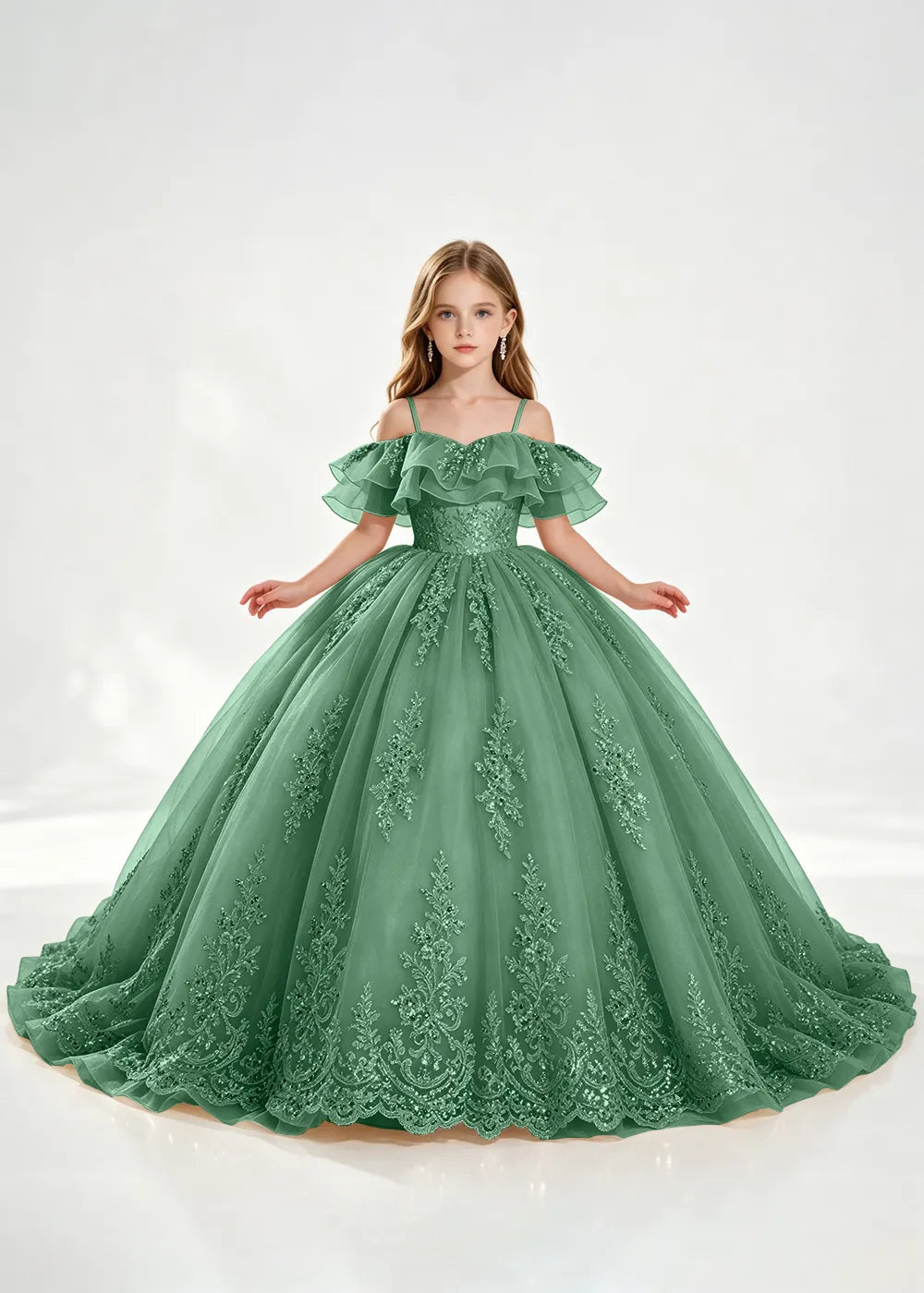Slate Blue Off-Shoulder Lace-Hem Flower Girl Dress