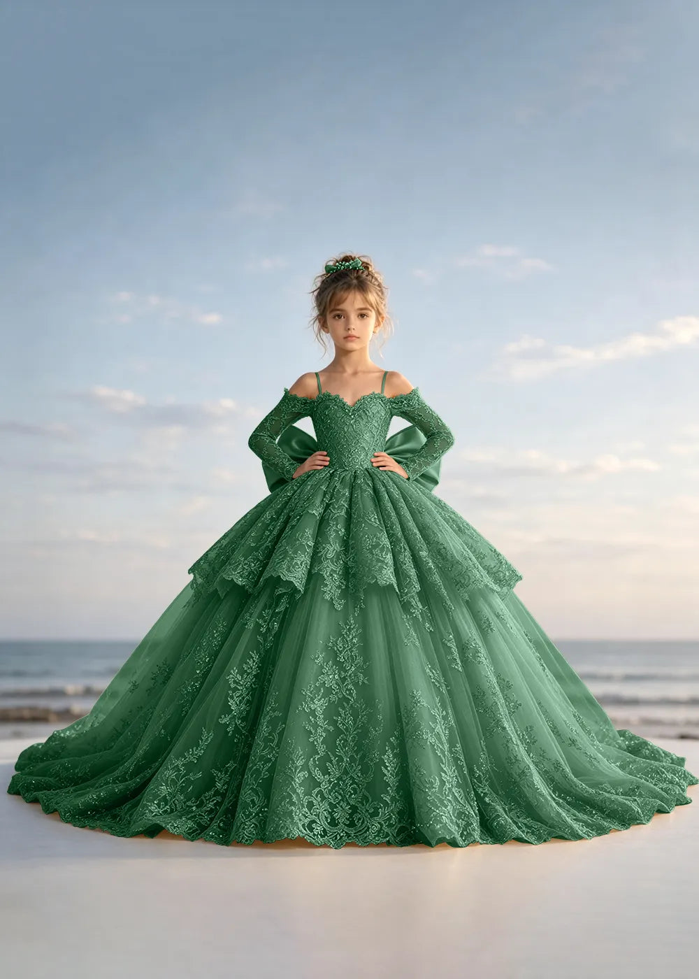 Navy Blue Lace Flower Girl Gown with Peplum and Trailing Satin Bow