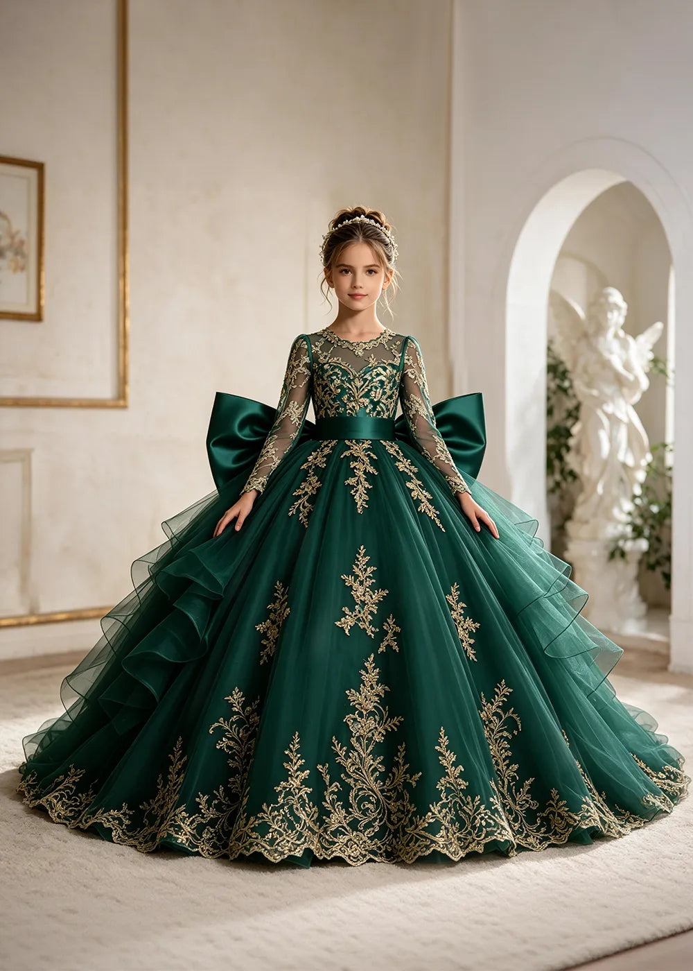 Navy Blue Gold Lace Flower Girl Gown with Ruffles and Long Bow Tails