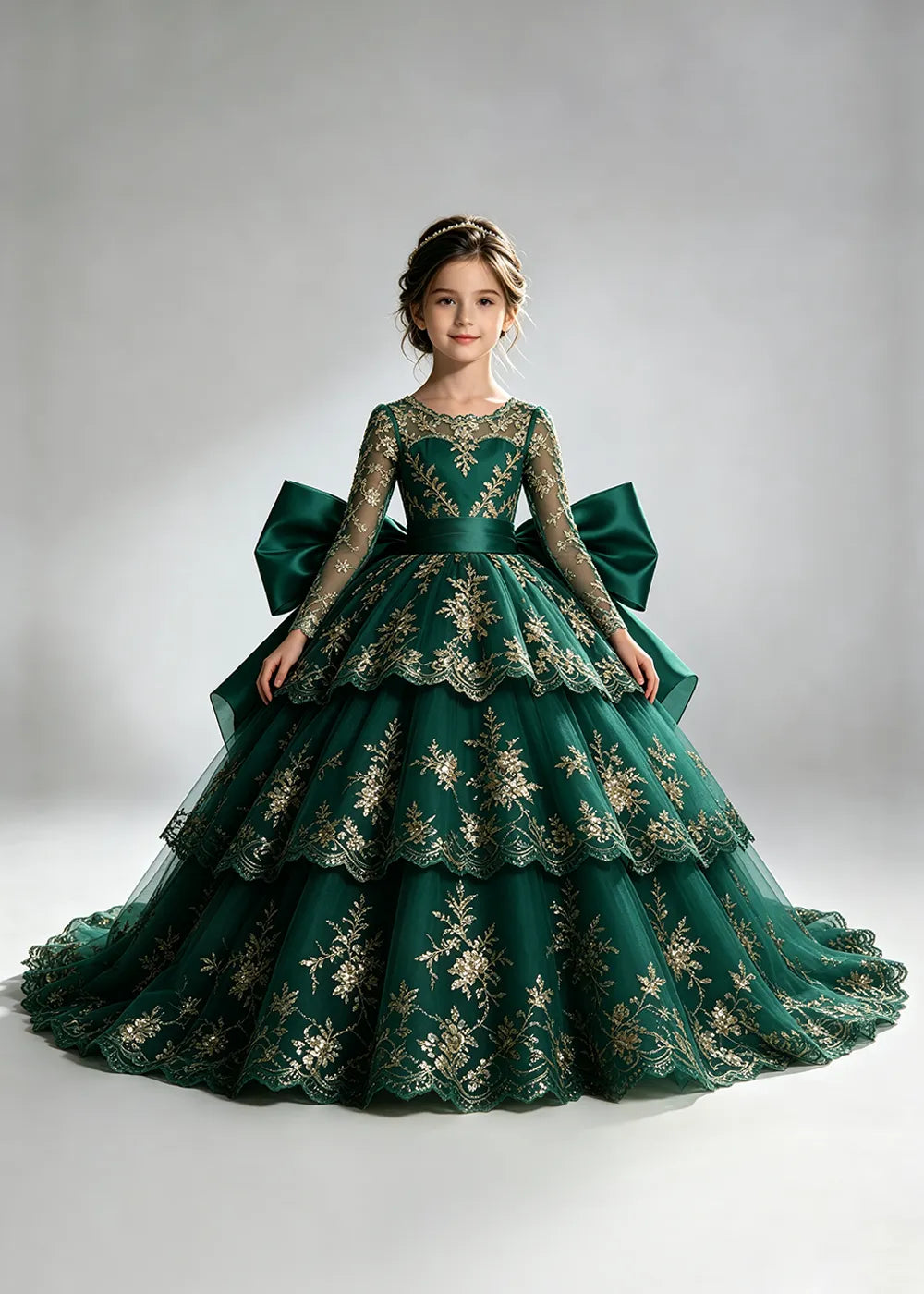 Long Sleeve Lace Flower Girl Dress with Sash Bow and Tiered Skirt